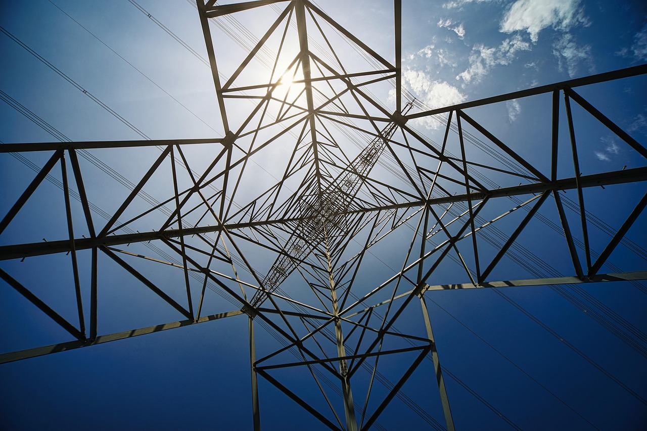 pylon, electricity, sun, nature, power, grid, infrastructure, industrial, landscape, sky, cloudscape, perspective, height, scale